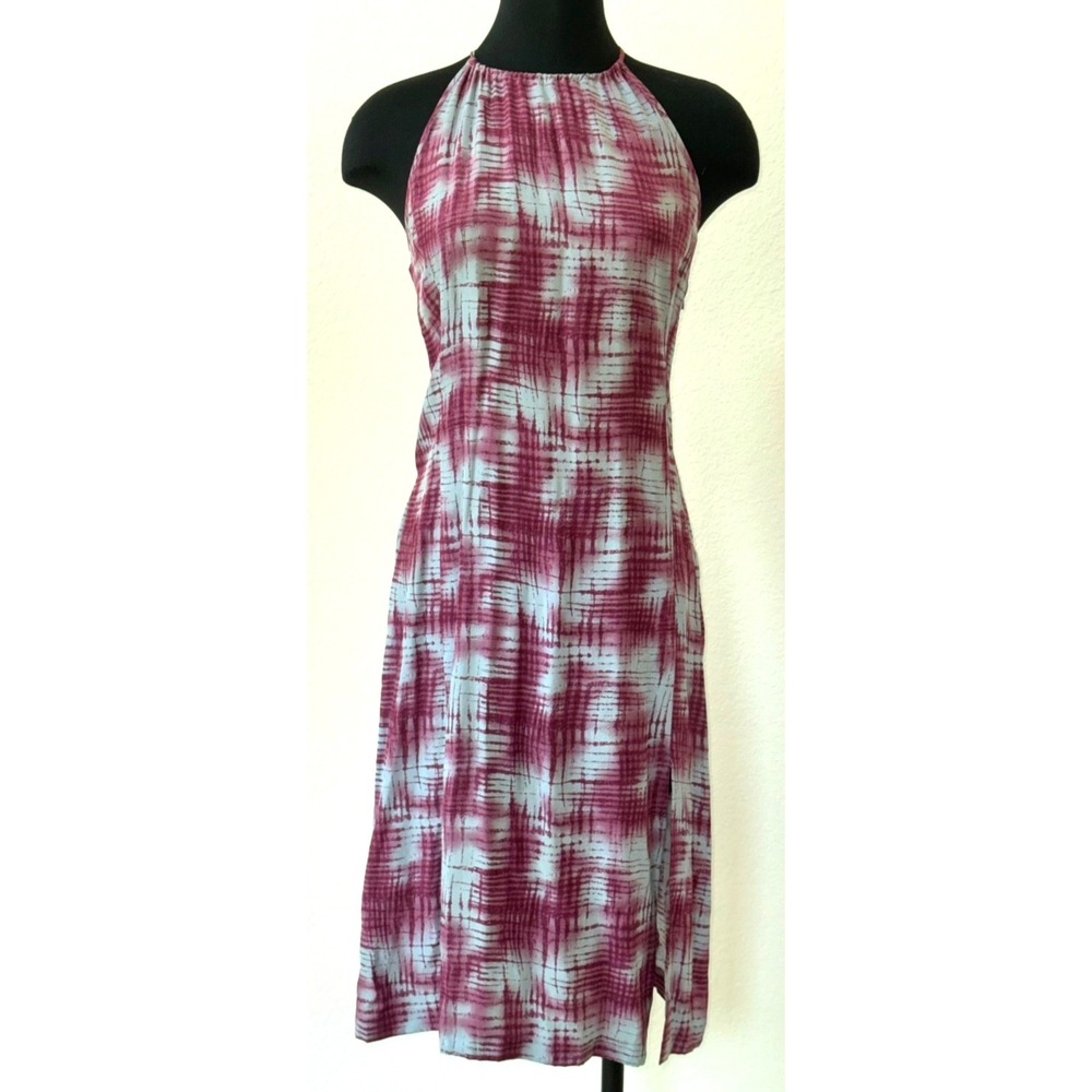 Armani Exchange 100% Silk Dress Plaid Halter Magenta/Ice Blue tie-dye